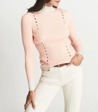 REISS CALA HIGH NECK RIB KNIT TOP PINK / pretty contrast trim cut out jumpers / womens colour block knitwear