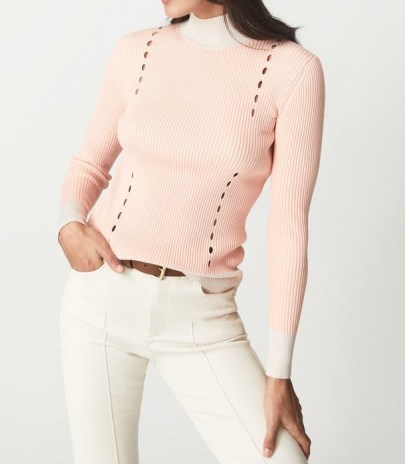 REISS CALA HIGH NECK RIB KNIT TOP PINK / pretty contrast trim cut out jumpers / womens colour block knitwear - flipped