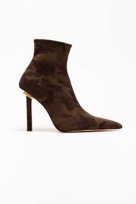 GOOD AMERICAN CAMO KICKSTAND BOOTIE Camoneoprene004 / camouflage neoprene high heel booties / women’s printed pointed toe ankle boots - flipped