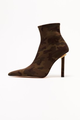 GOOD AMERICAN CAMO KICKSTAND BOOTIE Camoneoprene004 / camouflage neoprene high heel booties / women’s printed pointed toe ankle boots