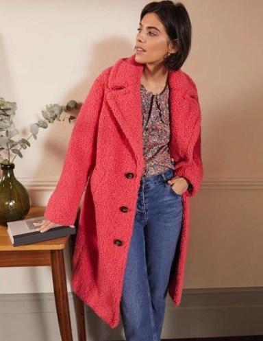 Boden Canterbury Teddy Coat in Lollipop / womens bright textured winter coats - flipped