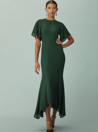 REFORMATION Carletta Dress in Forest ~ chic vintage style evening dresses ~ asymmetric hem ~ elegant green open back occasion fashion ~ feminine flutter sleeve party clothing