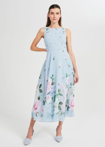 HOBBS CARLY FLORAL MIDI DRESS BLUE MULTI / sleeveless fit and flare occasion dresses / feminine georgette overlay event fashion - flipped
