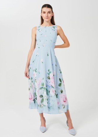 HOBBS CARLY FLORAL MIDI DRESS BLUE MULTI / sleeveless fit and flare occasion dresses / feminine georgette overlay event fashion