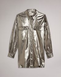 TED BAKER GASKELL Casual Blouse in Grey / womens metallic shirt style blouses / women’s oversized shiny shirts