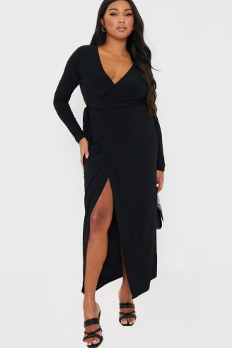 CHARLOTTE GREEDY BLACK LONG SLEEVE WRAP MIDI DRESS ~ celebrity inspired party dresses ~ going out glamour ~ IN THE STYLE fashion - flipped