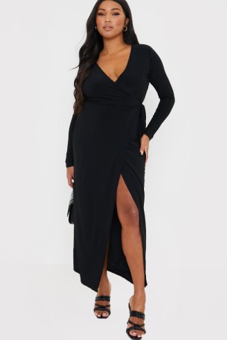 CHARLOTTE GREEDY BLACK LONG SLEEVE WRAP MIDI DRESS ~ celebrity inspired party dresses ~ going out glamour ~ IN THE STYLE fashion