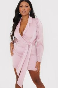 CHARLOTTE GREEDY BLUSH PUFF SHOULDER TIE WAIST BLAZER DRESS ~ light pink going out dresses ~ womens plus size celebrity inspired fashion