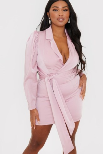 CHARLOTTE GREEDY BLUSH PUFF SHOULDER TIE WAIST BLAZER DRESS ~ light pink going out dresses ~ womens plus size celebrity inspired fashion - flipped