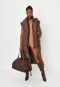 MISSGUIDED chocolate hooded maxi padded gilet ~ womens brown on-trend longline gilets ~ fashionable sleeveless winter jackets