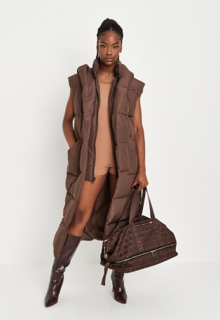 MISSGUIDED chocolate hooded maxi padded gilet ~ womens brown on-trend longline gilets ~ fashionable sleeveless winter jackets - flipped