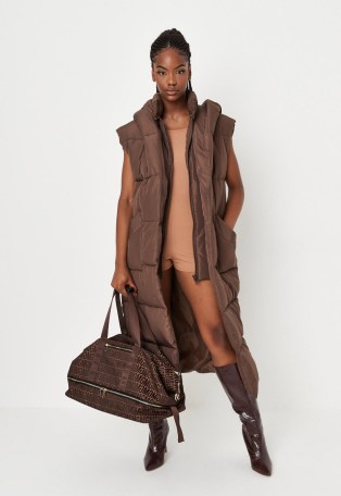 MISSGUIDED chocolate hooded maxi padded gilet ~ womens brown on-trend longline gilets ~ fashionable sleeveless winter jackets