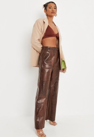 MISSGUIDED chocolate mock croc faux leather utility wide leg trousers ~ womens brown on-trend crocodile effect pants - flipped
