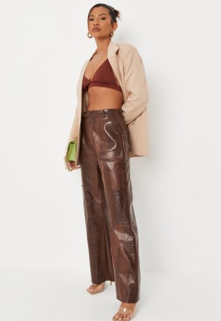 MISSGUIDED chocolate mock croc faux leather utility wide leg trousers ~ womens brown on-trend crocodile effect pants