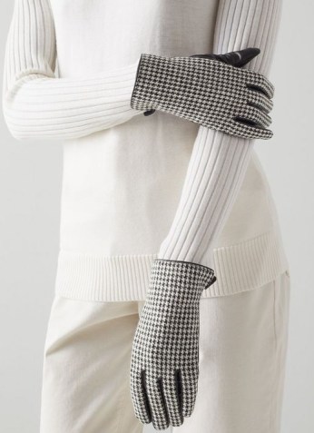 CORDELIA HOUNDSTOOTH FABRIC AND BLACK LEATHER GLOVES / l.k. bennett womens fashion / chic check print retro accessories