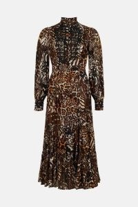 KAREN MILLEN Cornelli Studded Military Jacquard Woven Maxi Dress in Animal ~ long sleeve high neck mixed print dresses ~ multi wild cat prints