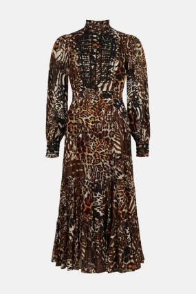 KAREN MILLEN Cornelli Studded Military Jacquard Woven Maxi Dress in Animal ~ long sleeve high neck mixed print dresses ~ multi wild cat prints