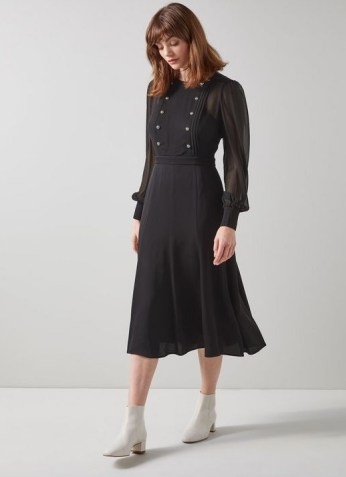 L.K. BENNETT CORRIN BLACK GEORGETTE AND CREPE DRESS ~ feminine long sheer sleeve dresses - flipped