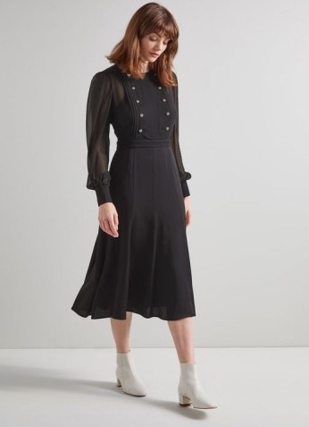 L.K. BENNETT CORRIN BLACK GEORGETTE AND CREPE DRESS ~ feminine long sheer sleeve dresses