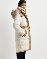 RIVER ISLAND CREAM BORG FAUX FUR HOOD PADDED PARKA JACKET / womens luxe style parkas / women’s textured faux shearling winter coats