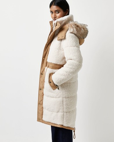 RIVER ISLAND CREAM BORG FAUX FUR HOOD PADDED PARKA JACKET / womens luxe style parkas / women’s textured faux shearling winter coats - flipped
