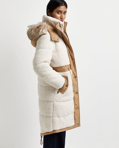 RIVER ISLAND CREAM BORG FAUX FUR HOOD PADDED PARKA JACKET / womens luxe style parkas / women’s textured faux shearling winter coats