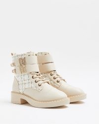 RIVER ISLAND CREAM BOUCLE DOUBLE STRAP BOOTS ~ tweed style fabric panel boots