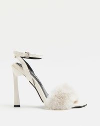 RIVER ISLAND CREAM FAUX FUR HEELS ~ glamorous fluffy high heel ankle strap sandals ~ party glamour ~ going out evening shoes