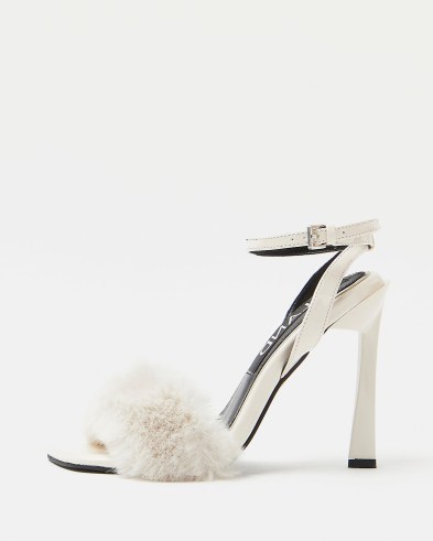 RIVER ISLAND CREAM FAUX FUR HEELS ~ glamorous fluffy high heel ankle strap sandals ~ party glamour ~ going out evening shoes - flipped