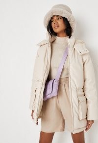 MISSGUIDED cream faux leather toggle waist puffer jacket ~ casual luxe style hooded jackets