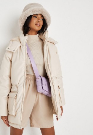 MISSGUIDED cream faux leather toggle waist puffer jacket ~ casual luxe style hooded jackets - flipped