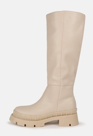 MISSGUIDED cream faux leather tubular knee high boots ~ women’s fashionable chunky heel boots ~ womens thick sole winter footwear