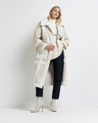 RIVER ISLAND CREAM FAUX SHEARLING LONGLINE COAT ~ womens luxe style winter coats ~ on-trend outerwear