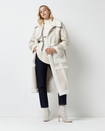 RIVER ISLAND CREAM FAUX SHEARLING LONGLINE COAT ~ womens luxe style winter coats ~ on-trend outerwear - flipped