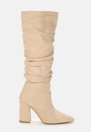 MISSGUIDED cream faux suede ruched pointed toe knee high boots ~ slouchy style boots - flipped