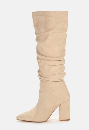 MISSGUIDED cream faux suede ruched pointed toe knee high boots ~ slouchy style boots