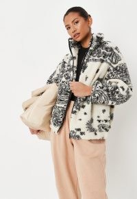 MISSGUIDED cream paisley print borg teddy coat ~ printed casual textured coats