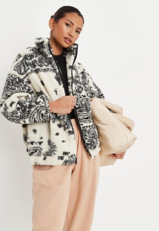 MISSGUIDED cream paisley print borg teddy coat ~ printed casual textured coats - flipped
