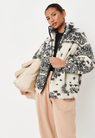 MISSGUIDED cream paisley print borg teddy coat ~ printed casual textured coats