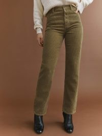 REFORMATION Cynthia Button Fly High Rise Straight Corduroy Pants in Martini Olive ~ womens dark green cord trousers