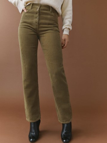 REFORMATION Cynthia Button Fly High Rise Straight Corduroy Pants in Martini Olive ~ womens dark green cord trousers - flipped
