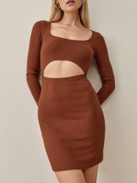 REFORMATION Denmark Dress in Chestnut ~ brown long sleeve front cut out mini dresses ~ rib knit fashion