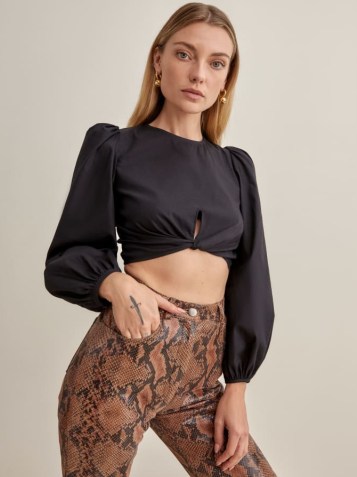 REFORMATION Derek Top in Black – puff sleeve front and back keyhole detail crop tops – long puffed sleeves - flipped