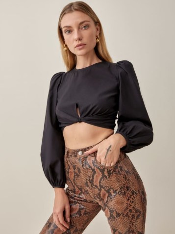 REFORMATION Derek Top in Black – puff sleeve front and back keyhole detail crop tops – long puffed sleeves