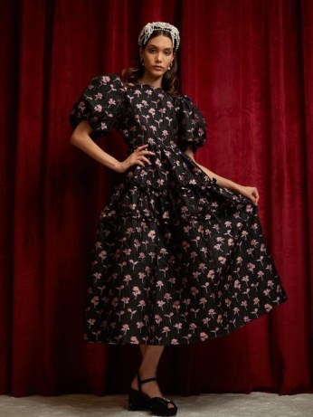 sister jane DREAM Chasse Floral Midi Dress in Black and Pink | puff sleeve open back tiered hem dresses | romance inspired fashion - flipped