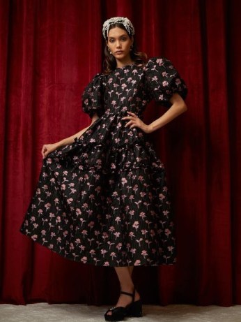sister jane DREAM Chasse Floral Midi Dress in Black and Pink | puff sleeve open back tiered hem dresses | romance inspired fashion