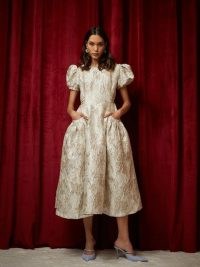sister jane DREAM Laces Jacquard Midi Dress in Champagne | metallic floral puff sleeve dresses