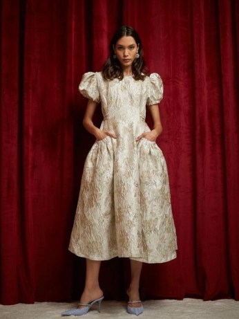 sister jane DREAM Laces Jacquard Midi Dress in Champagne | metallic floral puff sleeve dresses - flipped