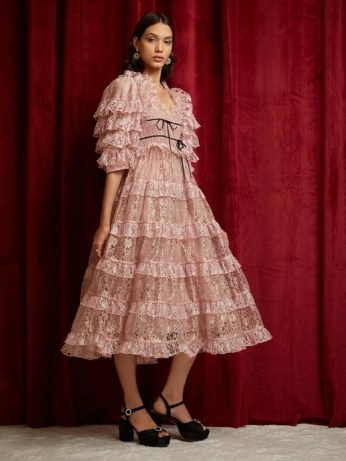 sister jane DREAM Loop Lace Midi Dress Rose Quartz ~ romantic pink ruffle tiered party dresses ~ romance inspired fashion ~ sheer overlay - flipped