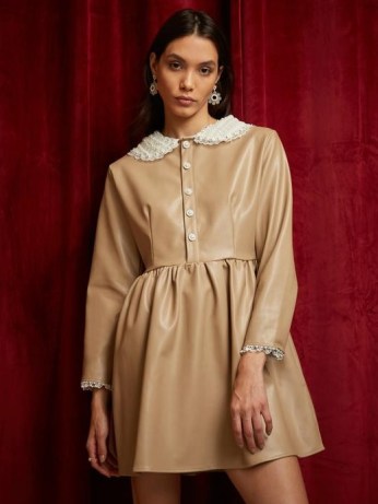 sister jane DREAM Valentina Faux Leather Mini Dress in Hazelnut ~ light brown embellished collar dresses - flipped